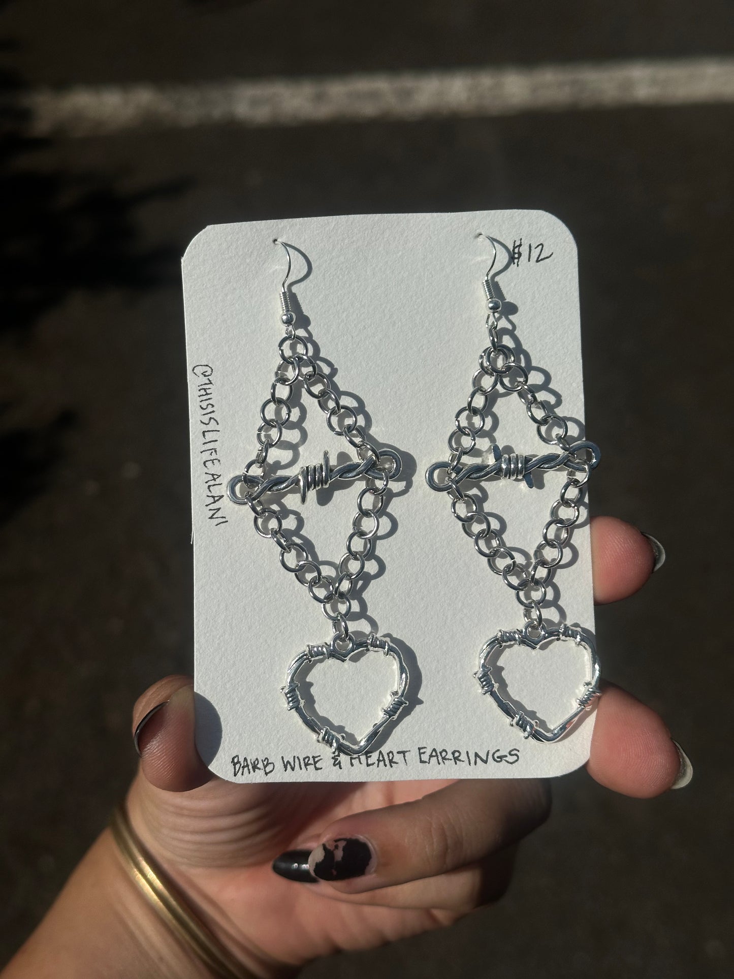 Barb Wire Heart & Chain Charm Earrings