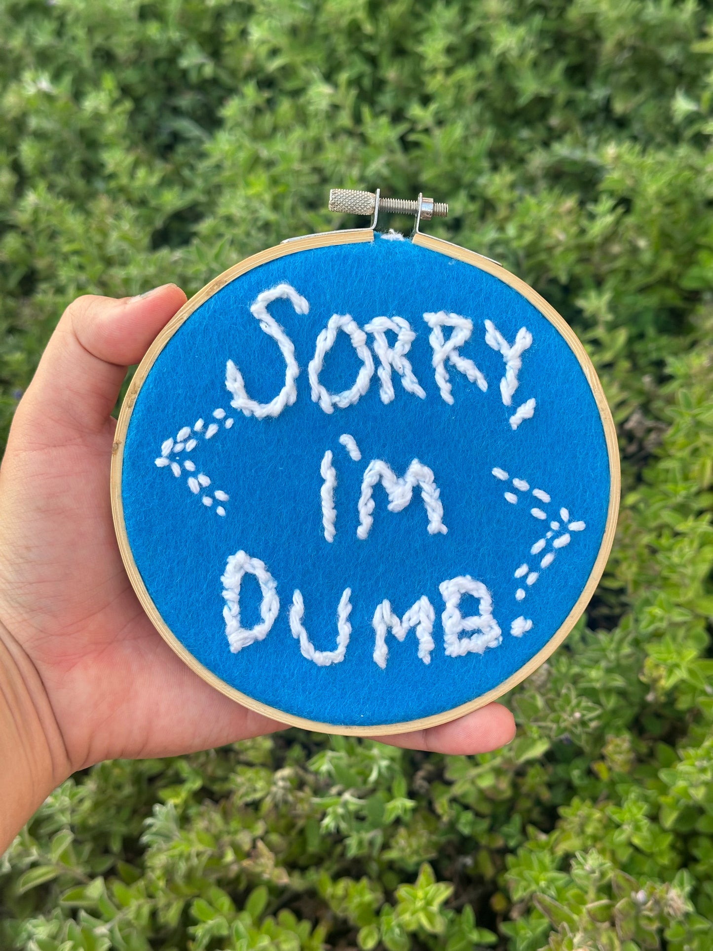 “Sorry, I’m Dumb.” Hand-Embroidered in Felt Hoop Artwork