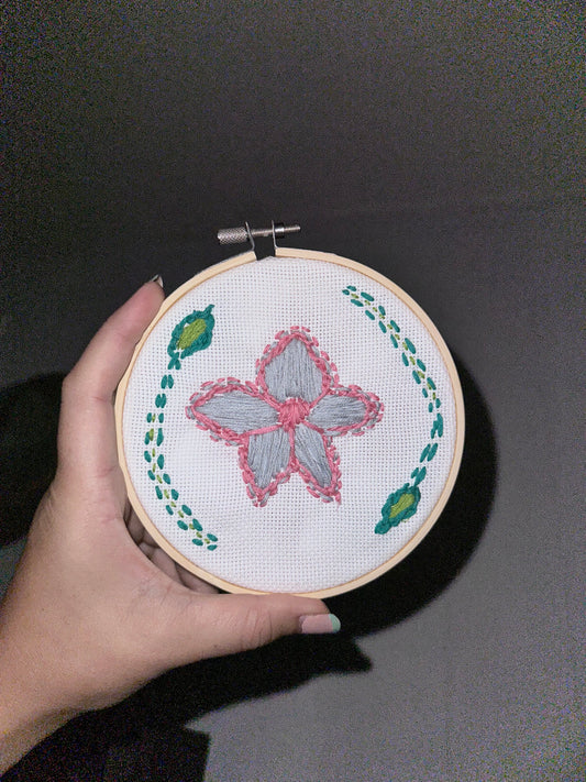 Purple Flower with Leaves Hoop Hand-Embroidered Artwork