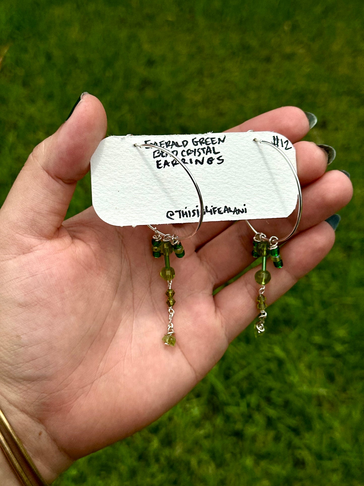 Emerald Green Peridot Stone & Olive Crystal Bead Hoop Earrings