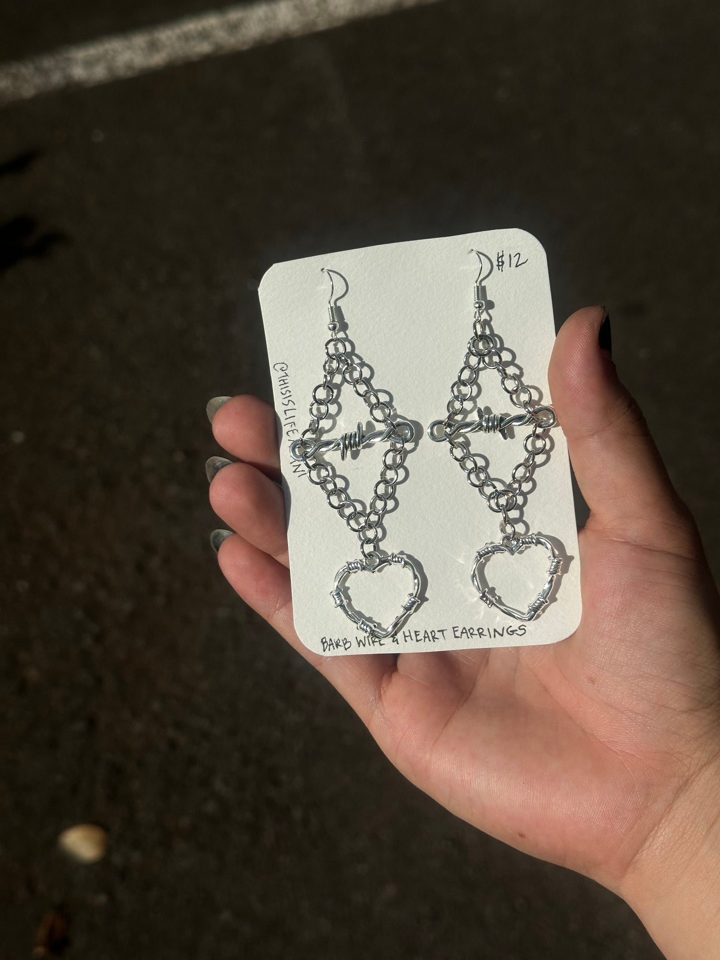 Barb Wire Heart & Chain Charm Earrings